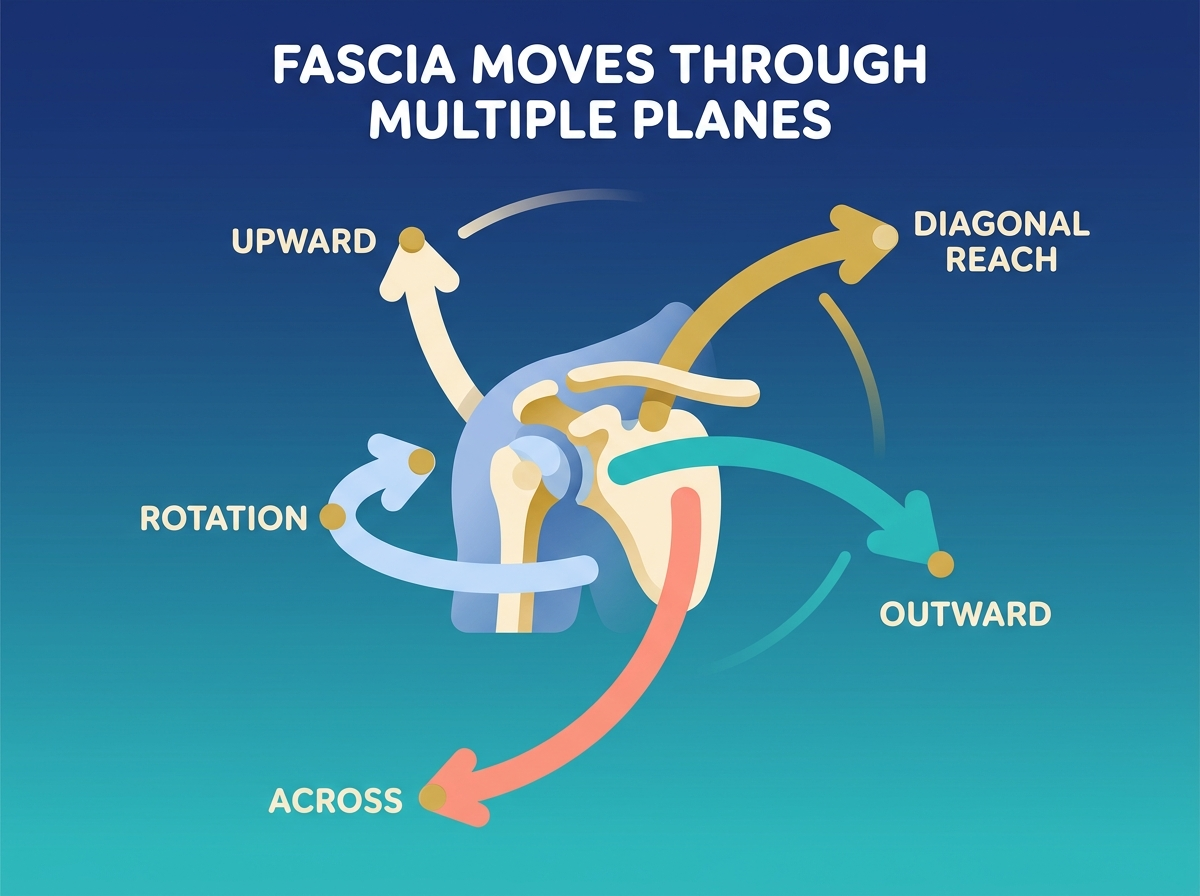 Fascia moves through multiple planes — rotation, diagonal reach, and abduction radiating from a joint, illustrating why a straight-line stretch only reaches one of them