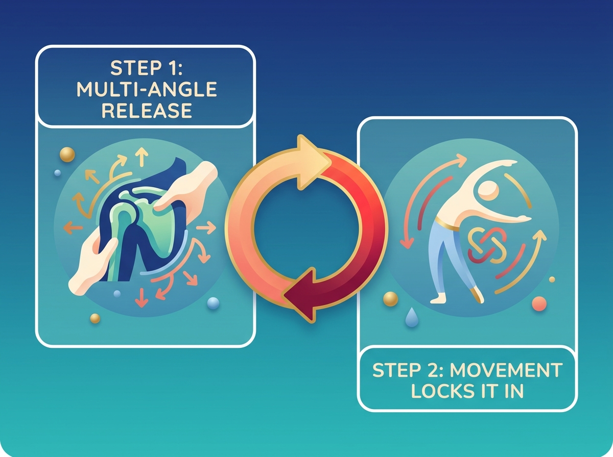 Two-step cycle: Step 1, multi-angle release of fascial tissue; Step 2, movement and corrective exercise that locks in the new range, connected by a repeating loop