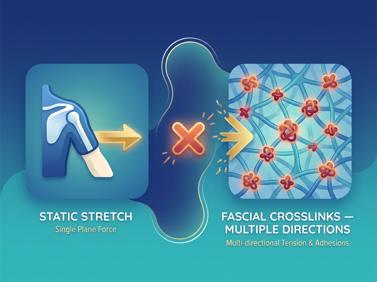 A single straight arrow representing a static stretch fails to reach a tangled web of fascial crosslinks and adhesions on the other side